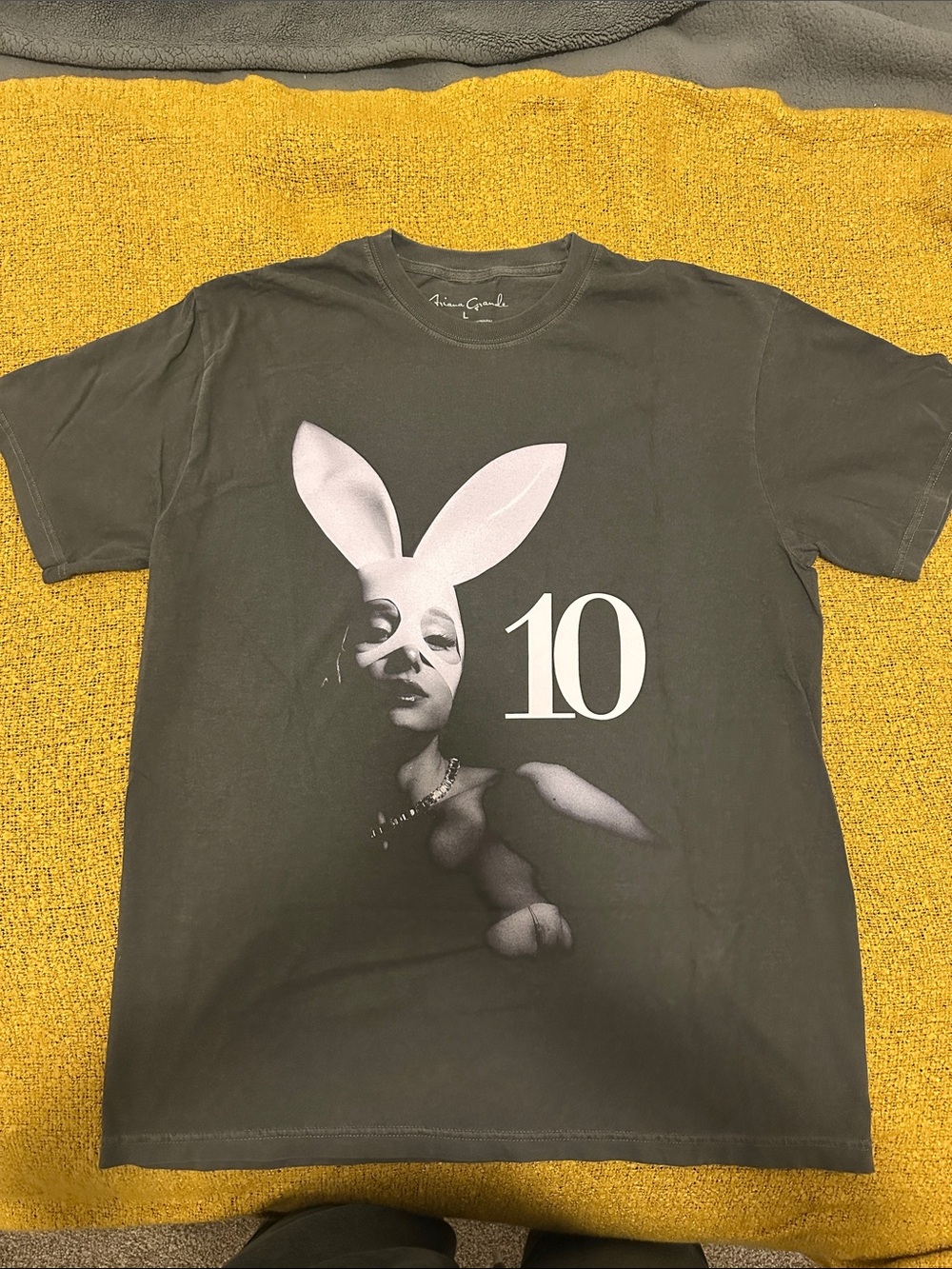 Ariana Grande gray Graphic Tee with lilac Bunny Mask & '10' Print